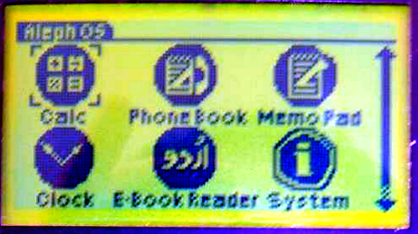 AlephOS launcher photographed on the Sirius LCD
